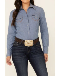 Wrangler Women's Solid Chambray Denim Long Sleeve Snap Western Core Shirt