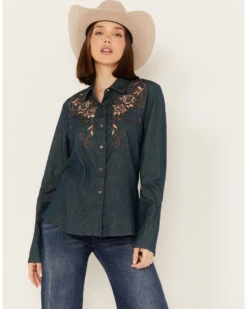 Scully Women's Rose Embroidered Denim Long Sleeve Pearl Snap Western Shirt -Country Clothing Store 2000243849 400 P1