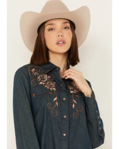 Scully Women's Rose Embroidered Denim Long Sleeve Pearl Snap Western Shirt -Country Clothing Store 2000243849 400 P2