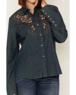 Scully Women's Rose Embroidered Denim Long Sleeve Pearl Snap Western Shirt -Country Clothing Store 2000243849 400 P3