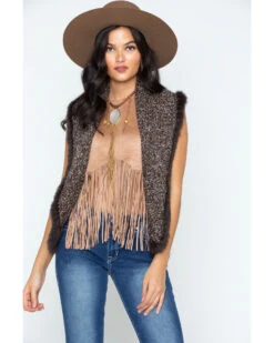 Cripple Creek Women's Crochet Knit Rabbit Fur Trim Vest -Country Clothing Store 2000253652 240 P1