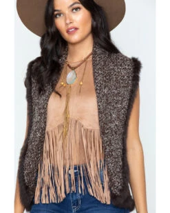 Cripple Creek Women's Crochet Knit Rabbit Fur Trim Vest