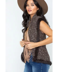 Cripple Creek Women's Crochet Knit Rabbit Fur Trim Vest -Country Clothing Store 2000253652 240 P5
