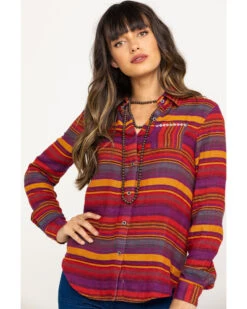 Rock & Roll Denim Women's Rust Serape Stripe Southwestern Embroidered Long Sleeve Western Shirt -Country Clothing Store 2000290054 900 P1