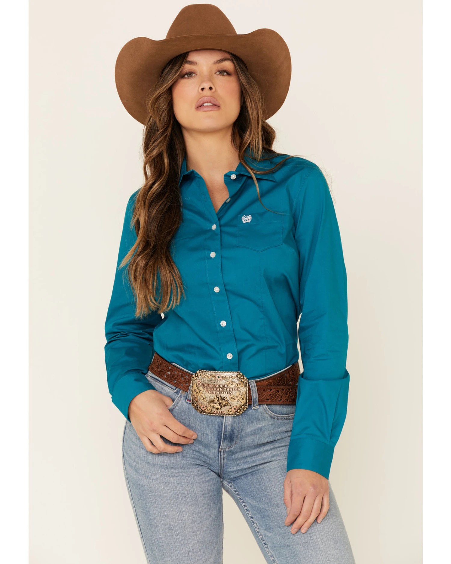 Cinch Women's Teal Solid Button Front Long Sleeve Western Shirt 5 Cinch Women's Teal Solid Button Front Long Sleeve Western Shirt - Image 3