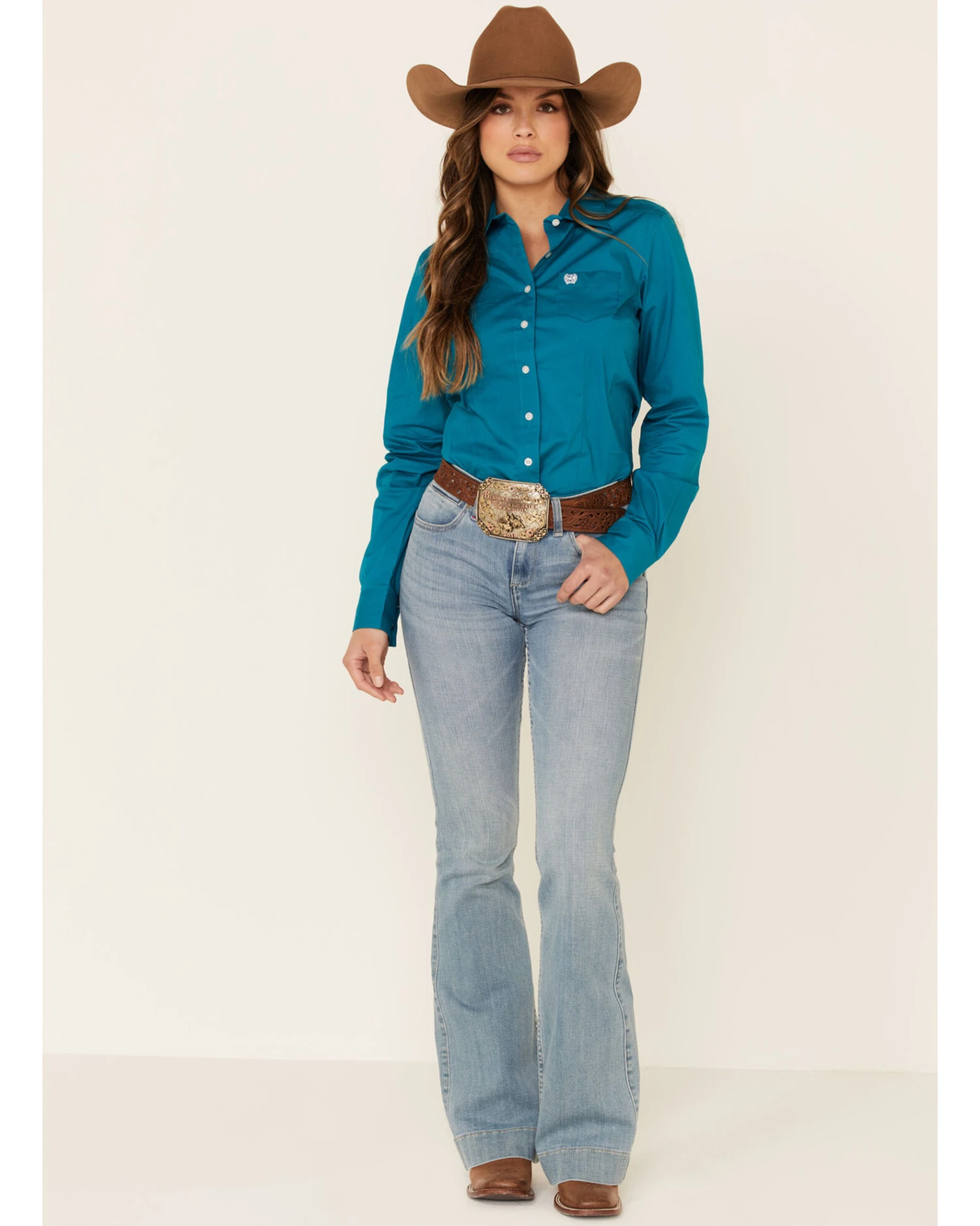 Cinch Women's Teal Solid Button Front Long Sleeve Western Shirt 3 Cinch Women's Teal Solid Button Front Long Sleeve Western Shirt
