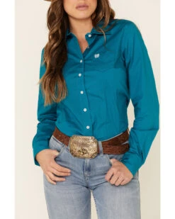 Cinch Women's Teal Solid Button Front Long Sleeve Western Shirt 10 Cinch Women's Teal Solid Button Front Long Sleeve Western Shirt -Country Clothing Store 2000330809 442 P3