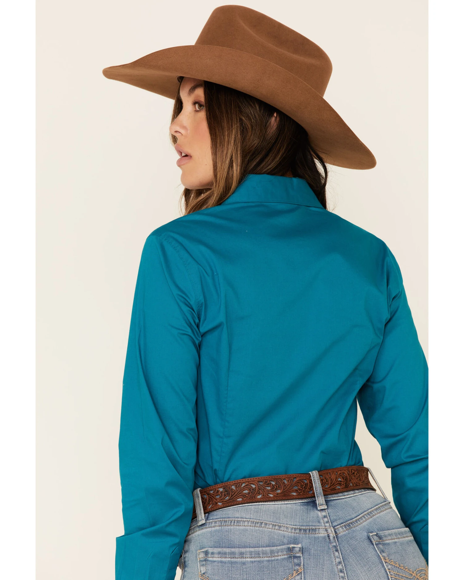 Cinch Women's Teal Solid Button Front Long Sleeve Western Shirt 7 Cinch Women's Teal Solid Button Front Long Sleeve Western Shirt - Image 5