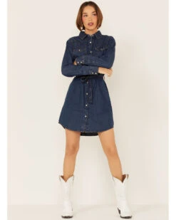 Wrangler Women's Dark Denim Washed Long Sleeve Western Shirt Dress -Country Clothing Store 2000334318 402 P1