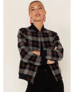 Pendleton Women's Navy & Red Plaid Wool Bomber Jacket