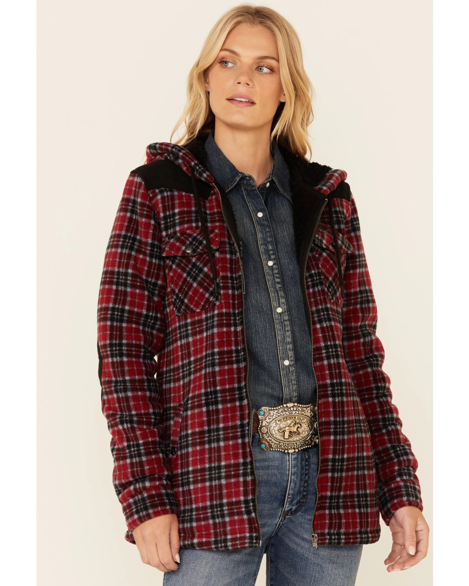 Powder River Outfitters Red Plaid Berber Fleece Zip-Front Hooded Jacket 4 Powder River Outfitters Red Plaid Berber Fleece Zip-Front Hooded Jacket - Image 2