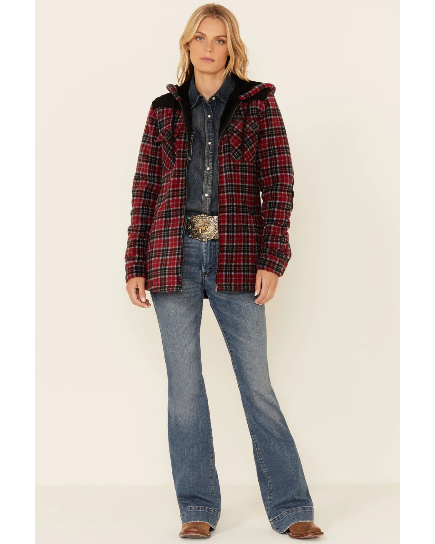 Powder River Outfitters Red Plaid Berber Fleece Zip-Front Hooded Jacket 6 Powder River Outfitters Red Plaid Berber Fleece Zip-Front Hooded Jacket - Image 4