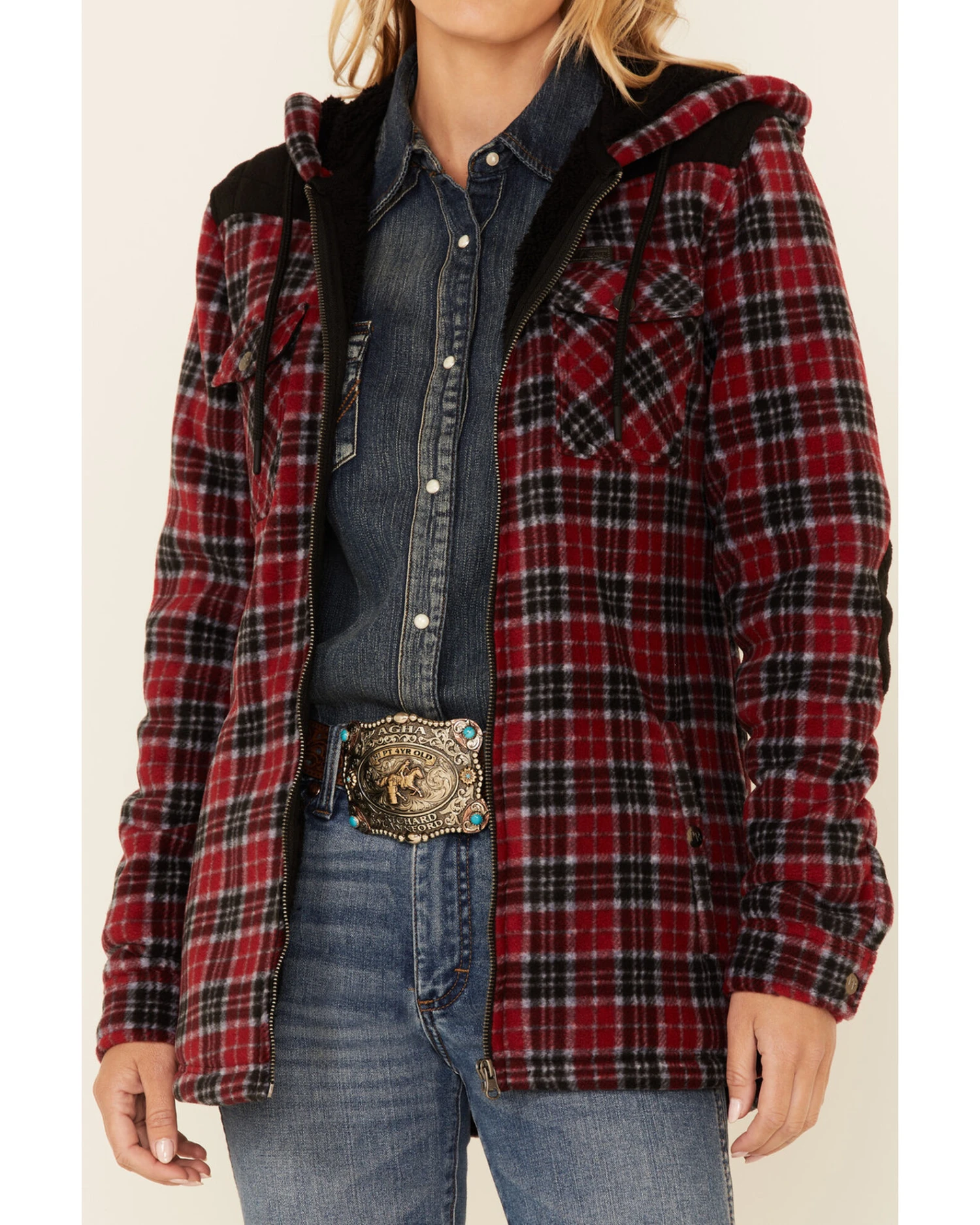 Powder River Outfitters Red Plaid Berber Fleece Zip-Front Hooded Jacket 5 Powder River Outfitters Red Plaid Berber Fleece Zip-Front Hooded Jacket - Image 3