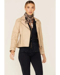 Cripple Creek Women's Studded Lamb Nappa Zip-Front Leather Jacket