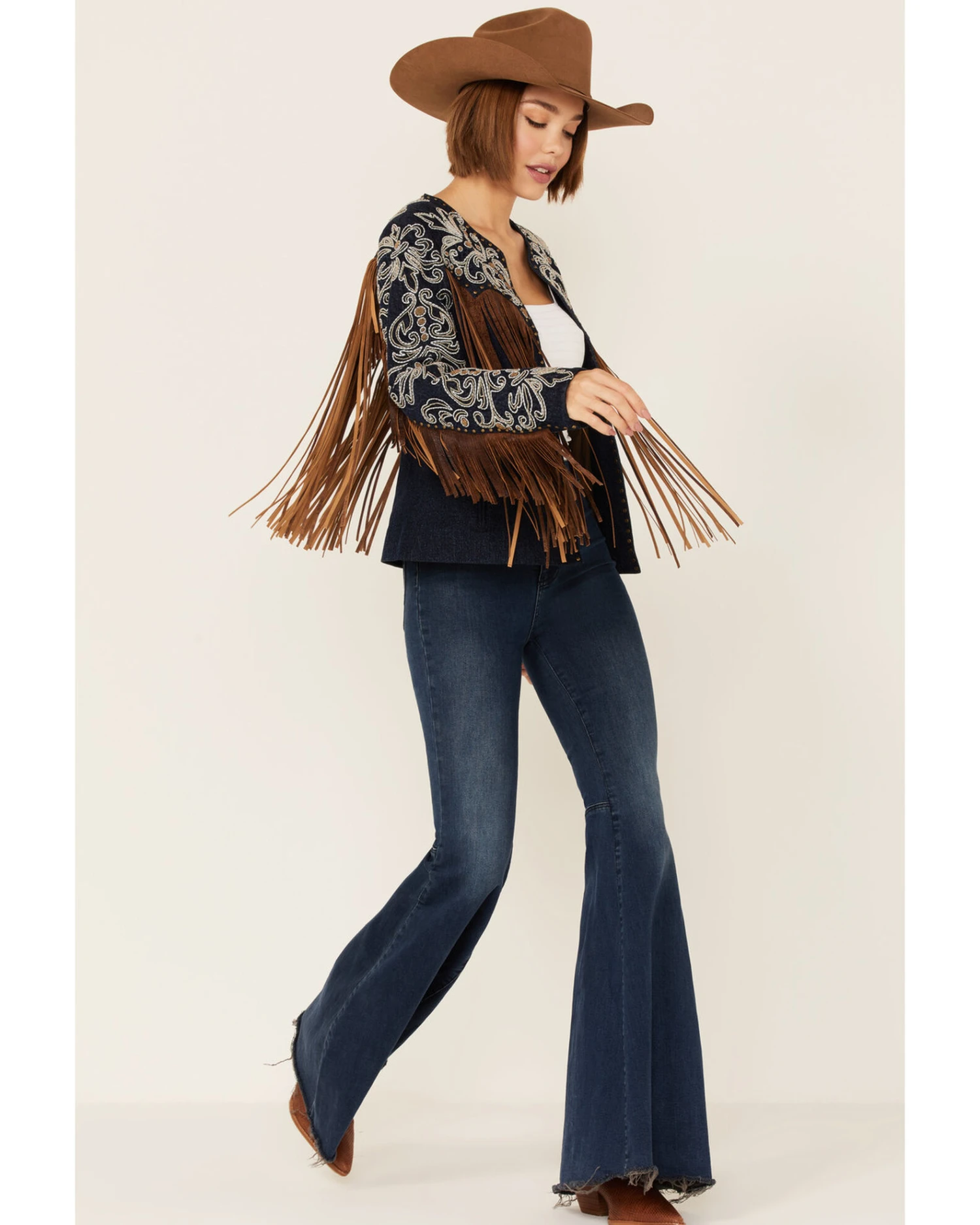 Scully Women's Demin Embroidered Floral & Beaded Stud Fringe Leather Jacket 6 Scully Women's Demin Embroidered Floral & Beaded Stud Fringe Leather Jacket - Image 4