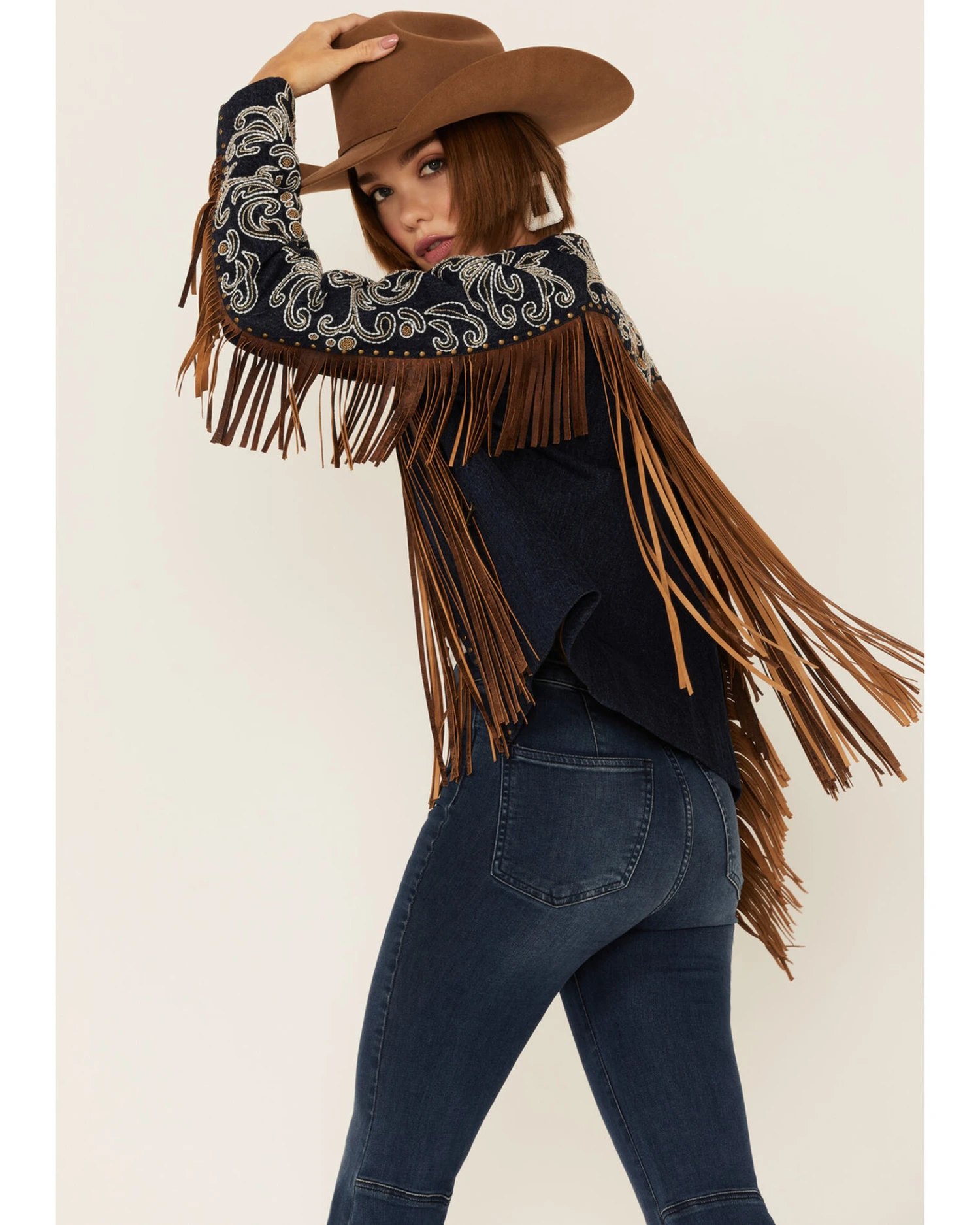 Scully Women's Demin Embroidered Floral & Beaded Stud Fringe Leather Jacket 4 Scully Women's Demin Embroidered Floral & Beaded Stud Fringe Leather Jacket - Image 2