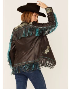 Scully Women's Brown & Turquoise Embroidered Yoke & Fringe Suede Leather Jacket
