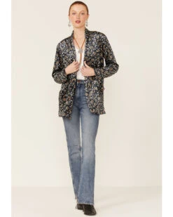 Molly Bracken Women's Ditsy Floral Print Stretch Velvet Open Front Blazer