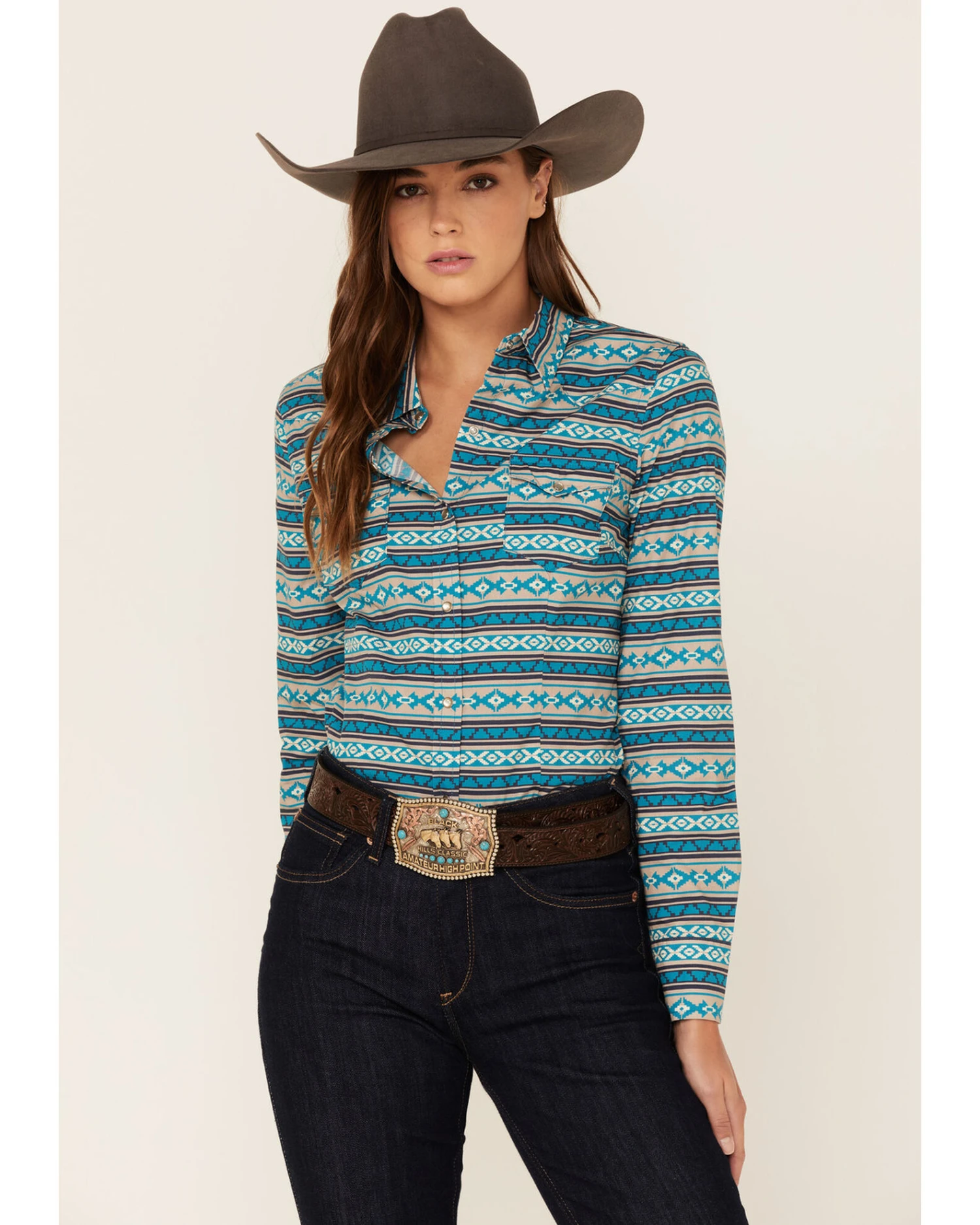 Roper Women's Teal Southwestern Stripe Snap Front Shirt 5 Roper Women's Teal Southwestern Stripe Snap Front Shirt - Image 3