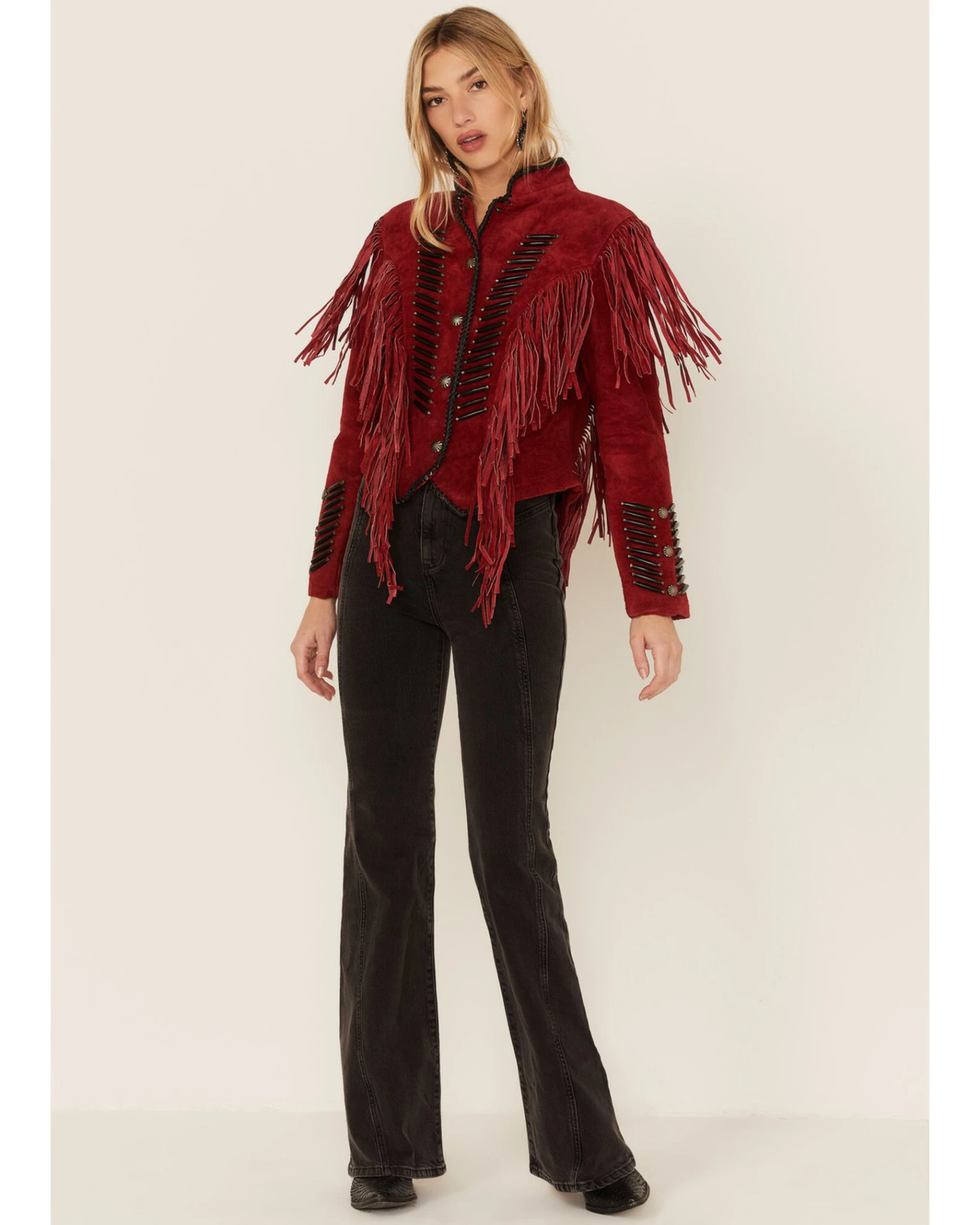 Cripple Creek Women's Beaded Suede Fringe Black Bones Military Jacket 3 Cripple Creek Women's Beaded Suede Fringe Black Bones Military Jacket
