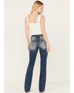 Miss Me Women's Dark Wash Lurex Embroidered Cross Non-Flap Pocket Tapered Bootcut Jeans -Country Clothing Store 2000353457 401 P1