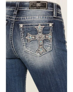 Miss Me Women's Dark Wash Lurex Embroidered Cross Non-Flap Pocket Tapered Bootcut Jeans