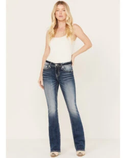 Miss Me Women's Dark Wash Lurex Embroidered Cross Non-Flap Pocket Tapered Bootcut Jeans -Country Clothing Store 2000353457 401 P3