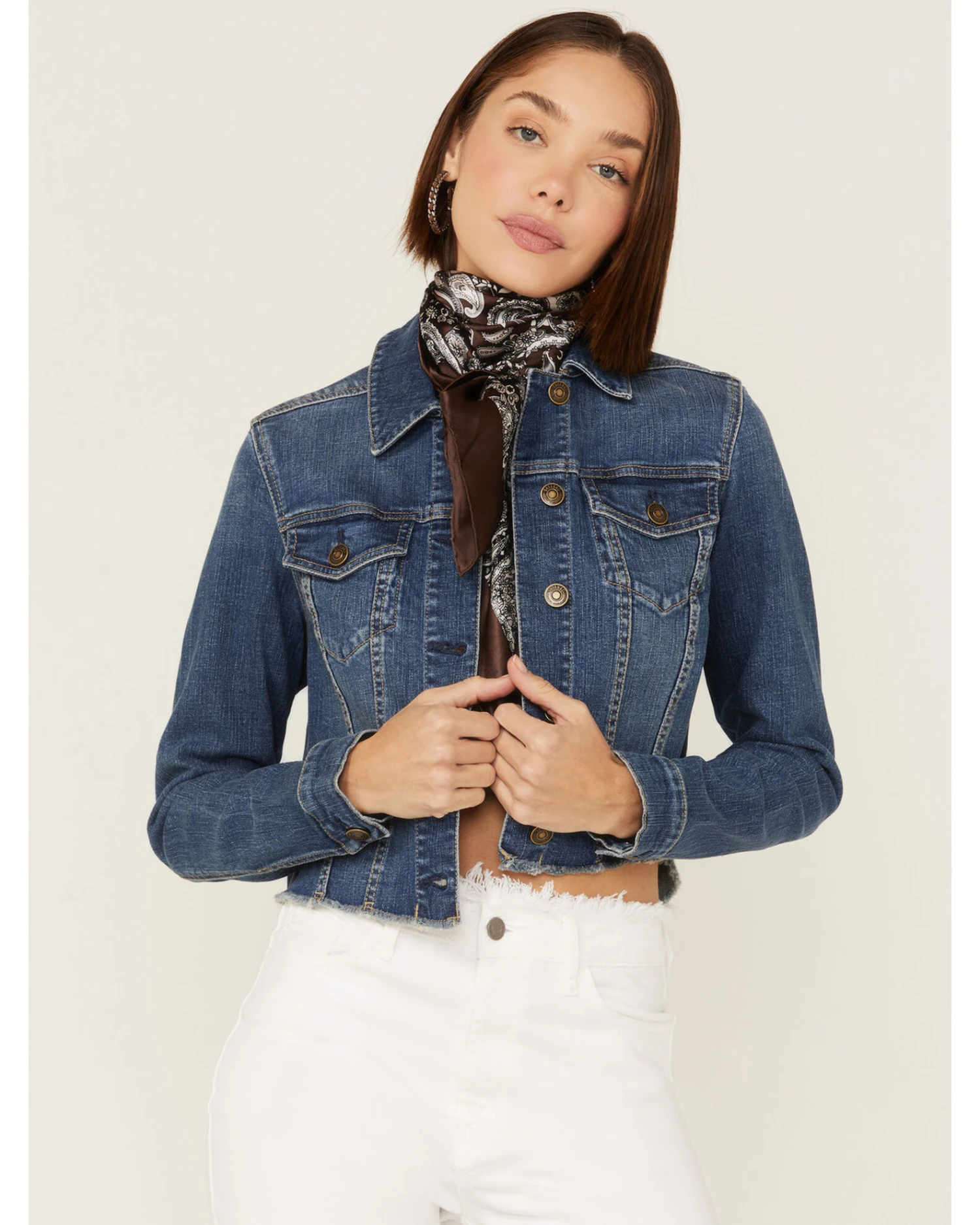 Shyanne Women's Medium Dark Wash Cropped Fray Denim Jacket 5 Shyanne Women's Medium Dark Wash Cropped Fray Denim Jacket - Image 3