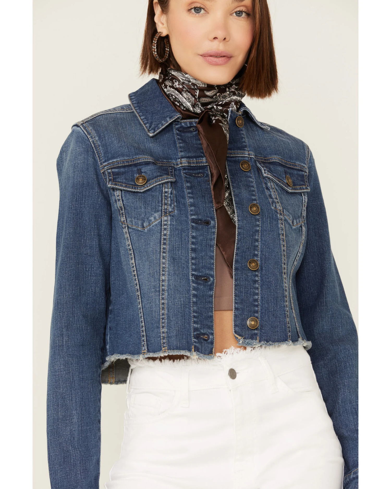 Shyanne Women's Medium Dark Wash Cropped Fray Denim Jacket 3 Shyanne Women's Medium Dark Wash Cropped Fray Denim Jacket