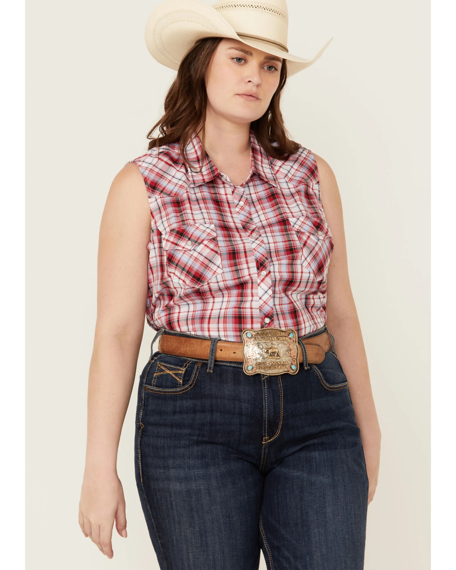 Roper Women's Classic Plaid Print Sleeveless Western Snap Shirt - Plus 3 Roper Women's Classic Plaid Print Sleeveless Western Snap Shirt - Plus