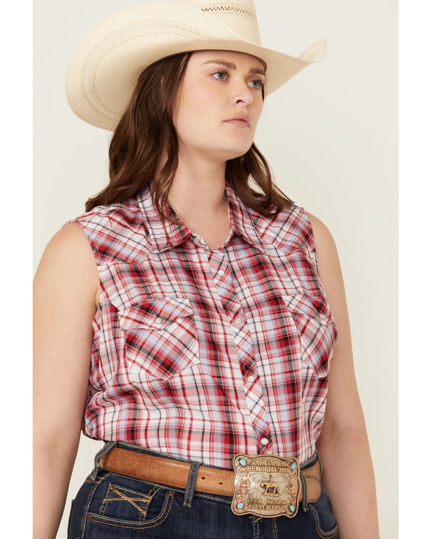 Roper Women's Classic Plaid Print Sleeveless Western Snap Shirt - Plus 4 Roper Women's Classic Plaid Print Sleeveless Western Snap Shirt - Plus - Image 2
