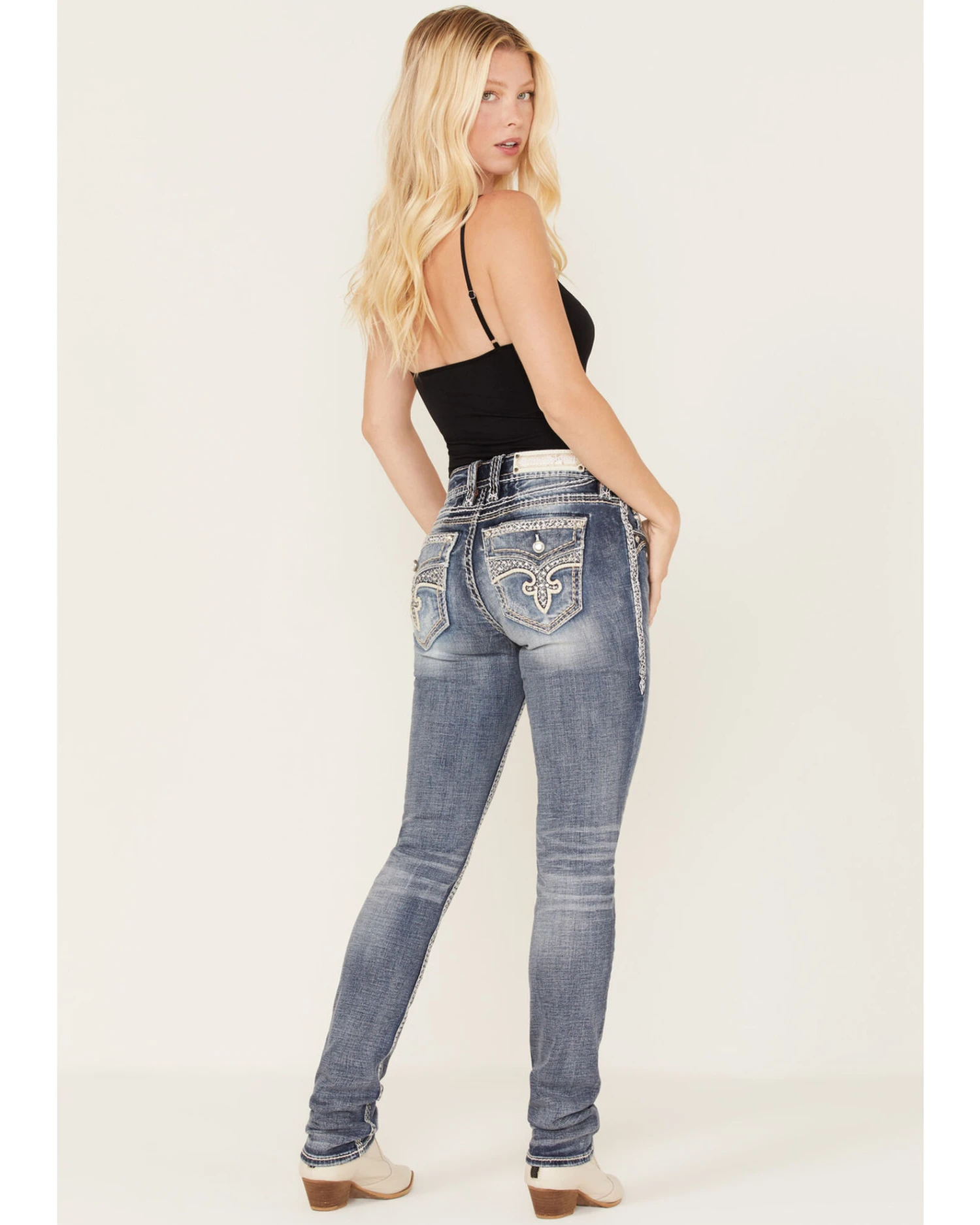 Rock Revival Women's Dark Wash Fleur De Lis Rhinestone Slim Straight Jeans 3 Rock Revival Women's Dark Wash Fleur De Lis Rhinestone Slim Straight Jeans