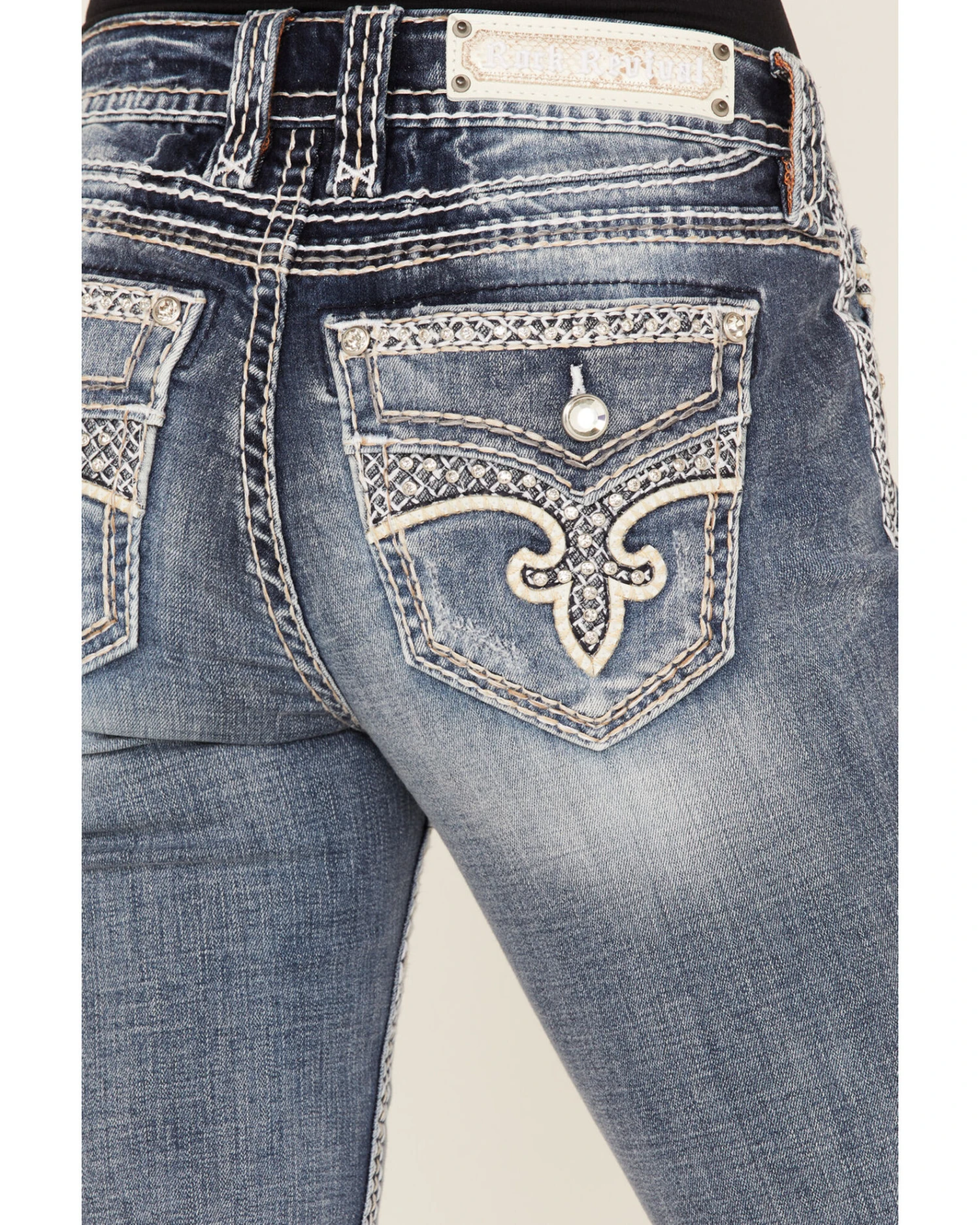 Rock Revival Women's Dark Wash Fleur De Lis Rhinestone Slim Straight Jeans 6 Rock Revival Women's Dark Wash Fleur De Lis Rhinestone Slim Straight Jeans - Image 4