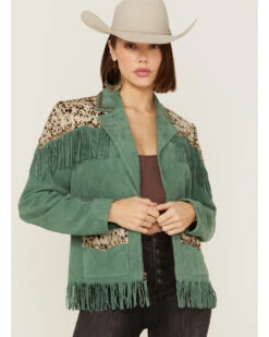 Double D Ranch Women's Chrome Fringe Animal Print Suede Jacket -Country Clothing Store 2000364078 300 P1