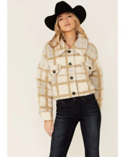 Vigoss Women's Ivory Grid Print Cropped Sherpa Jacket 8 Vigoss Women's Ivory Grid Print Cropped Sherpa Jacket -Country Clothing Store 2000364129 103 P1