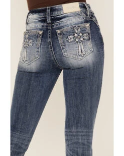 Miss Me Women's Dark Wash Mid Rise Puff Cross Tonal Denim Bootcut Jeans