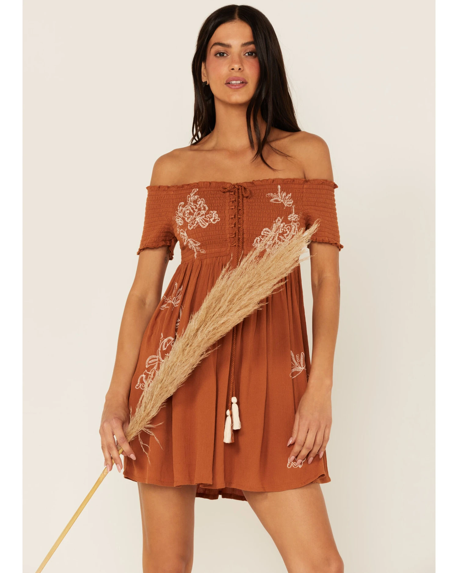 Shyanne Women's Smocked Off Shoulder Floral Embroidered Mini Dress 4 Shyanne Women's Smocked Off Shoulder Floral Embroidered Mini Dress - Image 2