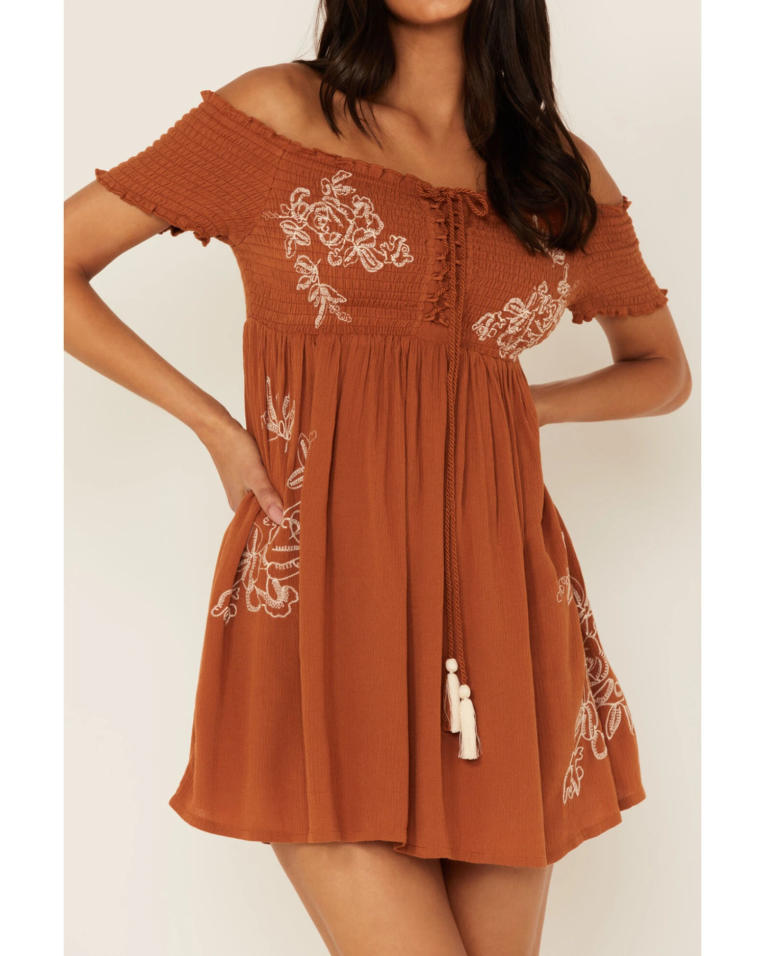 Shyanne Women's Smocked Off Shoulder Floral Embroidered Mini Dress 3 Shyanne Women's Smocked Off Shoulder Floral Embroidered Mini Dress