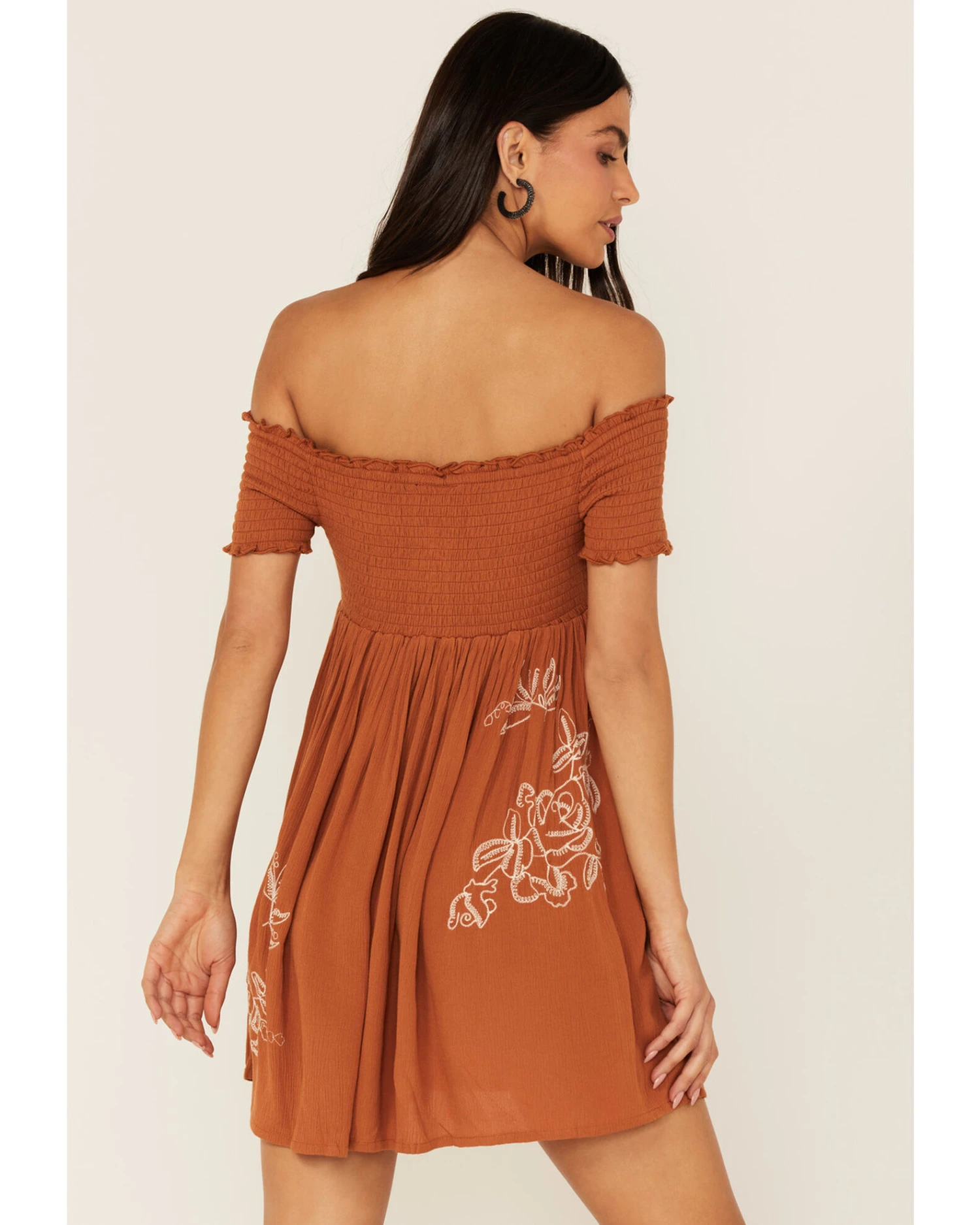 Shyanne Women's Smocked Off Shoulder Floral Embroidered Mini Dress 6 Shyanne Women's Smocked Off Shoulder Floral Embroidered Mini Dress - Image 4