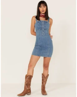 Shyanne Women's Light Wash Lace-Up Denim Mini Dress -Country Clothing Store 2000364775 412 P2
