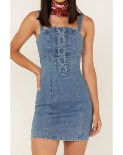 Shyanne Women's Light Wash Lace-Up Denim Mini Dress -Country Clothing Store 2000364775 412 P3