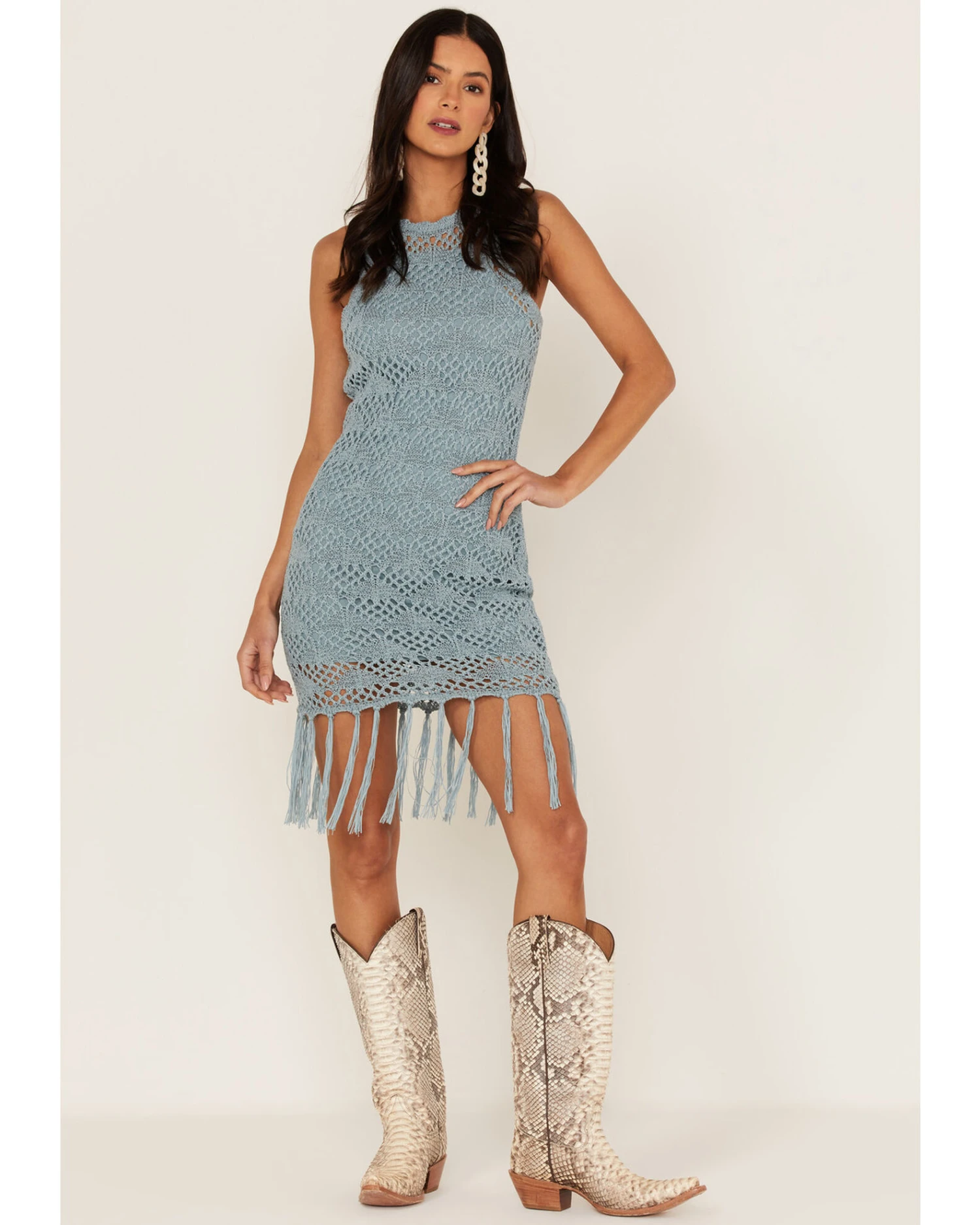 Shyanne Women's Yarn Crochet Fringe Trim Midi Dress 3 Shyanne Women's Yarn Crochet Fringe Trim Midi Dress