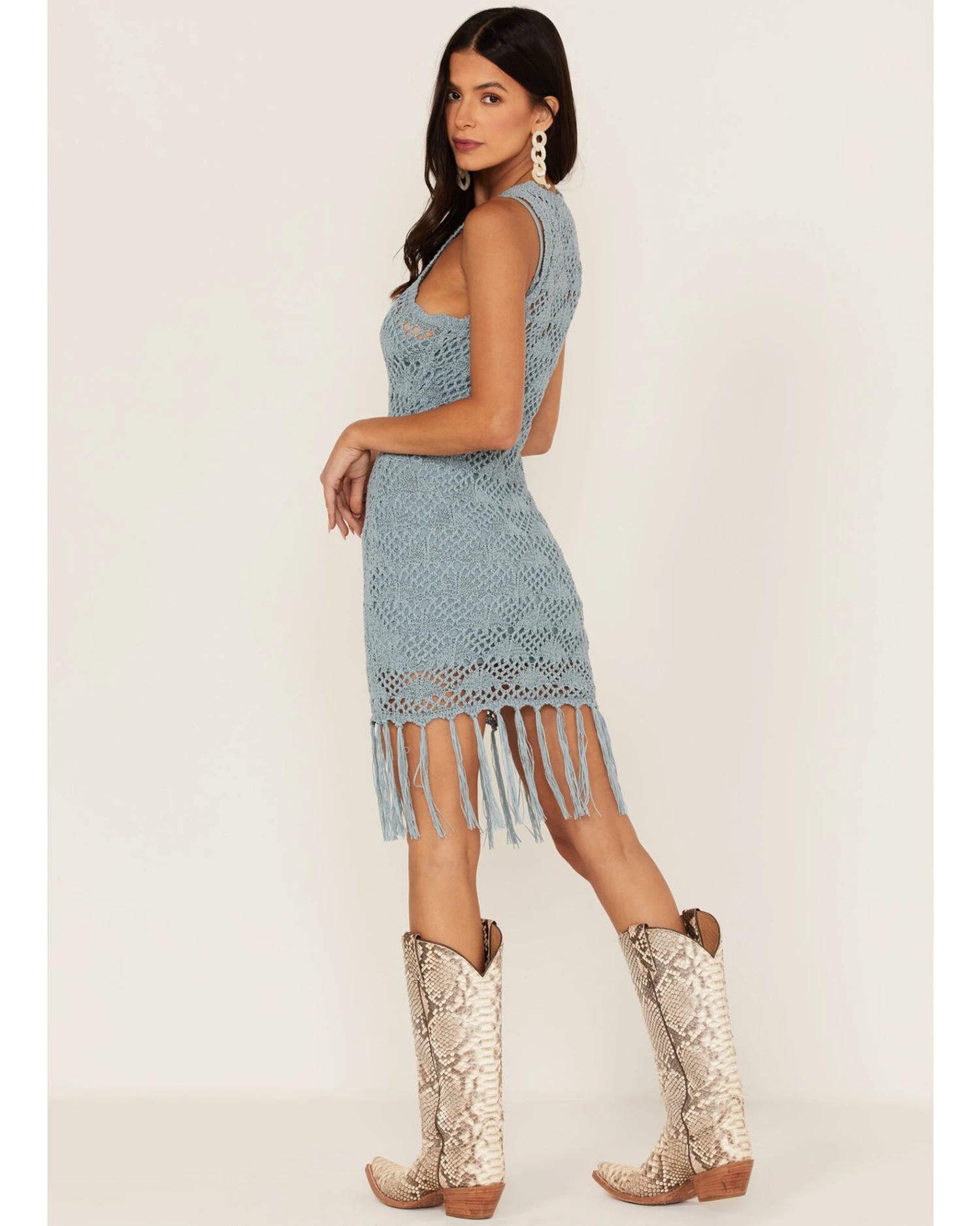 Shyanne Women's Yarn Crochet Fringe Trim Midi Dress 4 Shyanne Women's Yarn Crochet Fringe Trim Midi Dress - Image 2