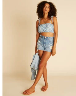 Billabong X Wrangler Women's High Rise Medium Wash Floral Showdown Patchwork Cut-Off Denim Shorts -Country Clothing Store 2000368004 400 P2