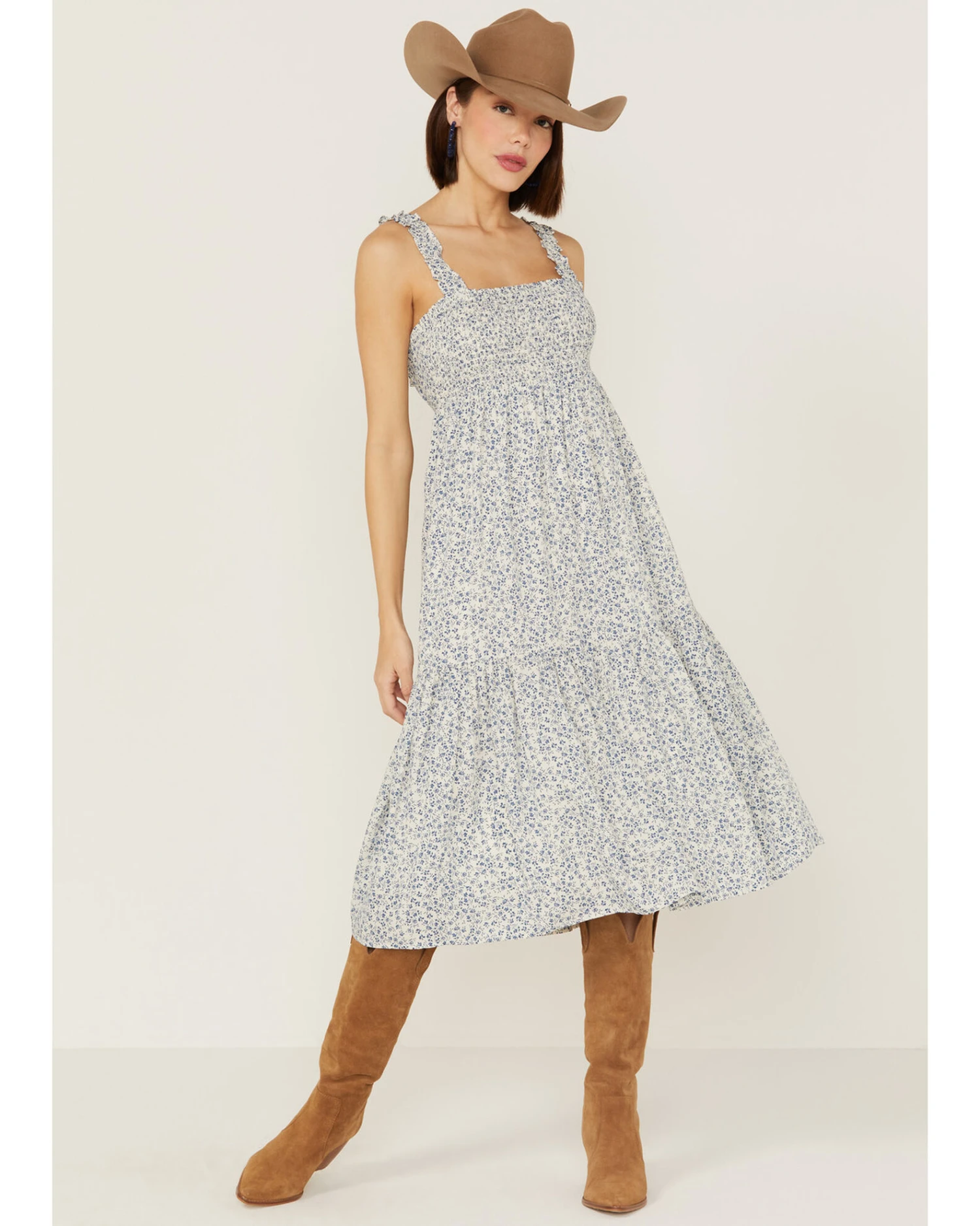 Lush Women's Blue Floral Smocked Midi Dress 3 Lush Women's Blue Floral Smocked Midi Dress