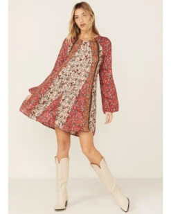 Lovestitch Women's Red & Natural Bell Sleeve Tie Back Mini Dress -Country Clothing Store 2000368819 600 P1