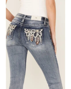 Miss Me Women's Medium Wash Stretch Mid Rise Peacock Embroidery Bootcut Jeans