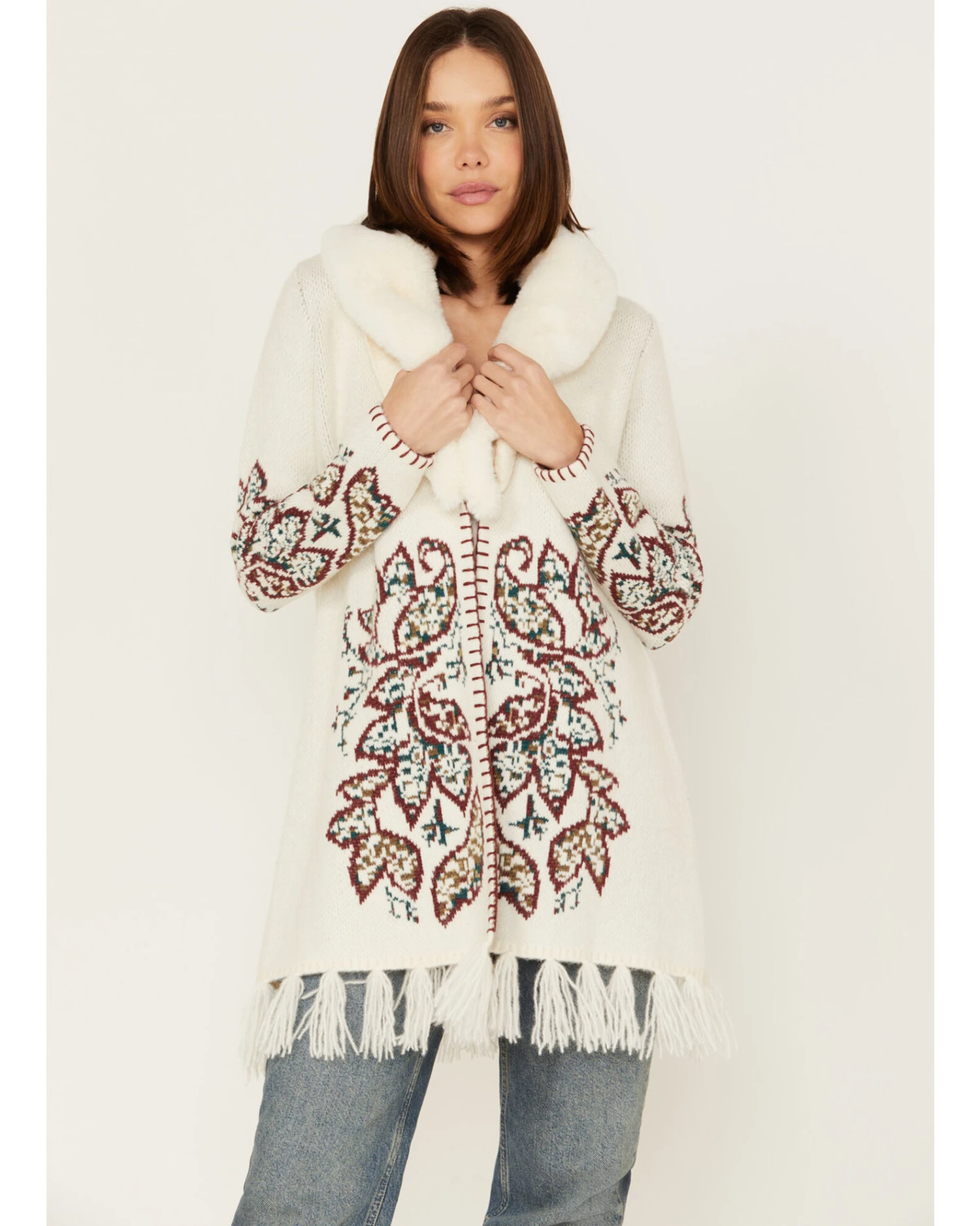 Shyanne Women's Paisley Knit Fringe & Faux Fur Cardigan 3 Shyanne Women's Paisley Knit Fringe & Faux Fur Cardigan