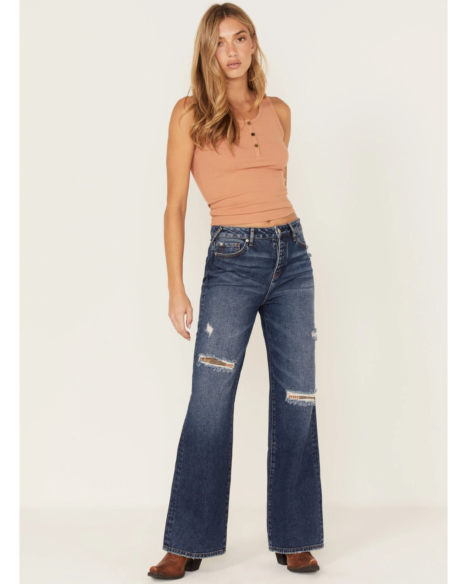 Cleo + Wolf Women's Medium Wash High Rise Patchwork Distressed Straight Jeans 6 Cleo + Wolf Women's Medium Wash High Rise Patchwork Distressed Straight Jeans - Image 4