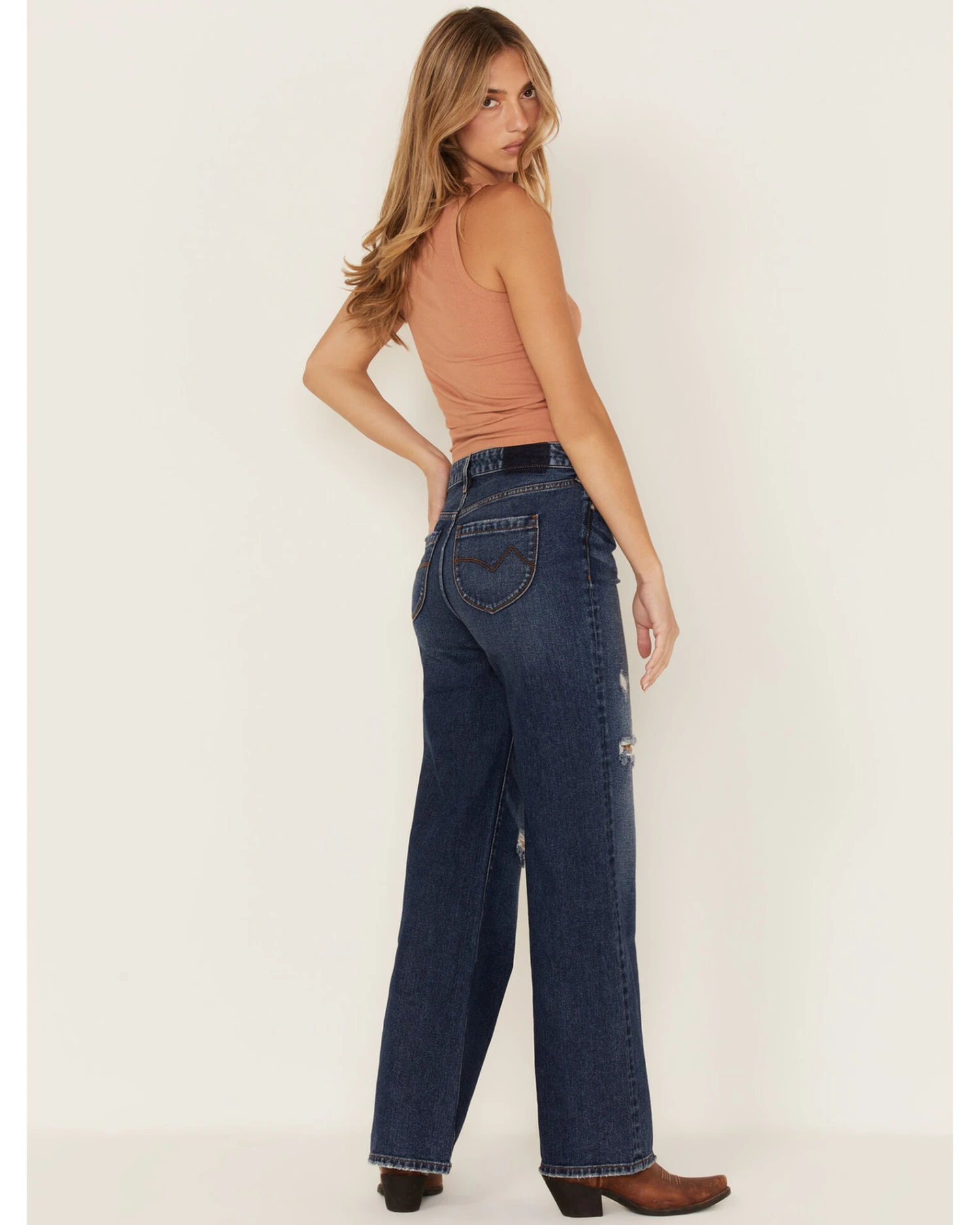 Cleo + Wolf Women's Medium Wash High Rise Patchwork Distressed Straight Jeans 3 Cleo + Wolf Women's Medium Wash High Rise Patchwork Distressed Straight Jeans